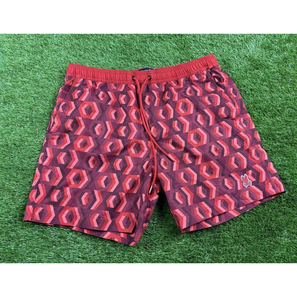 Psycho Bunny Swim Trunks L Geometric Print Red Black Mesh Lined